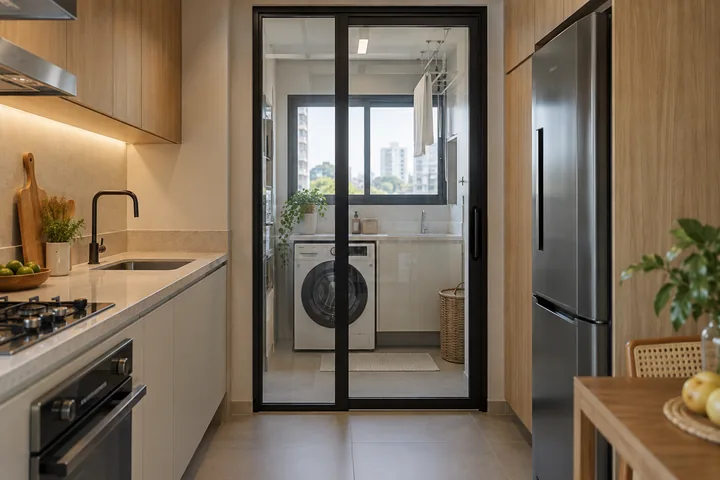 Cozinha e lavanderia separadas por uma porta de vidro, com máquina de lavar ao fundo