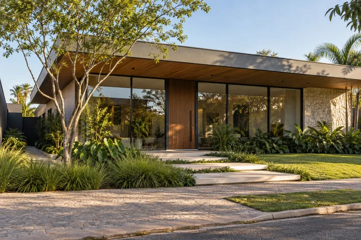 Fachada de casa contemporânea com grandes planos de vidro, beiral e jardim