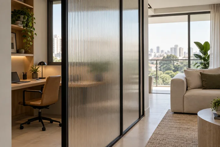 Divisória de vidro canelado entre um espaço de trabalho e a sala
