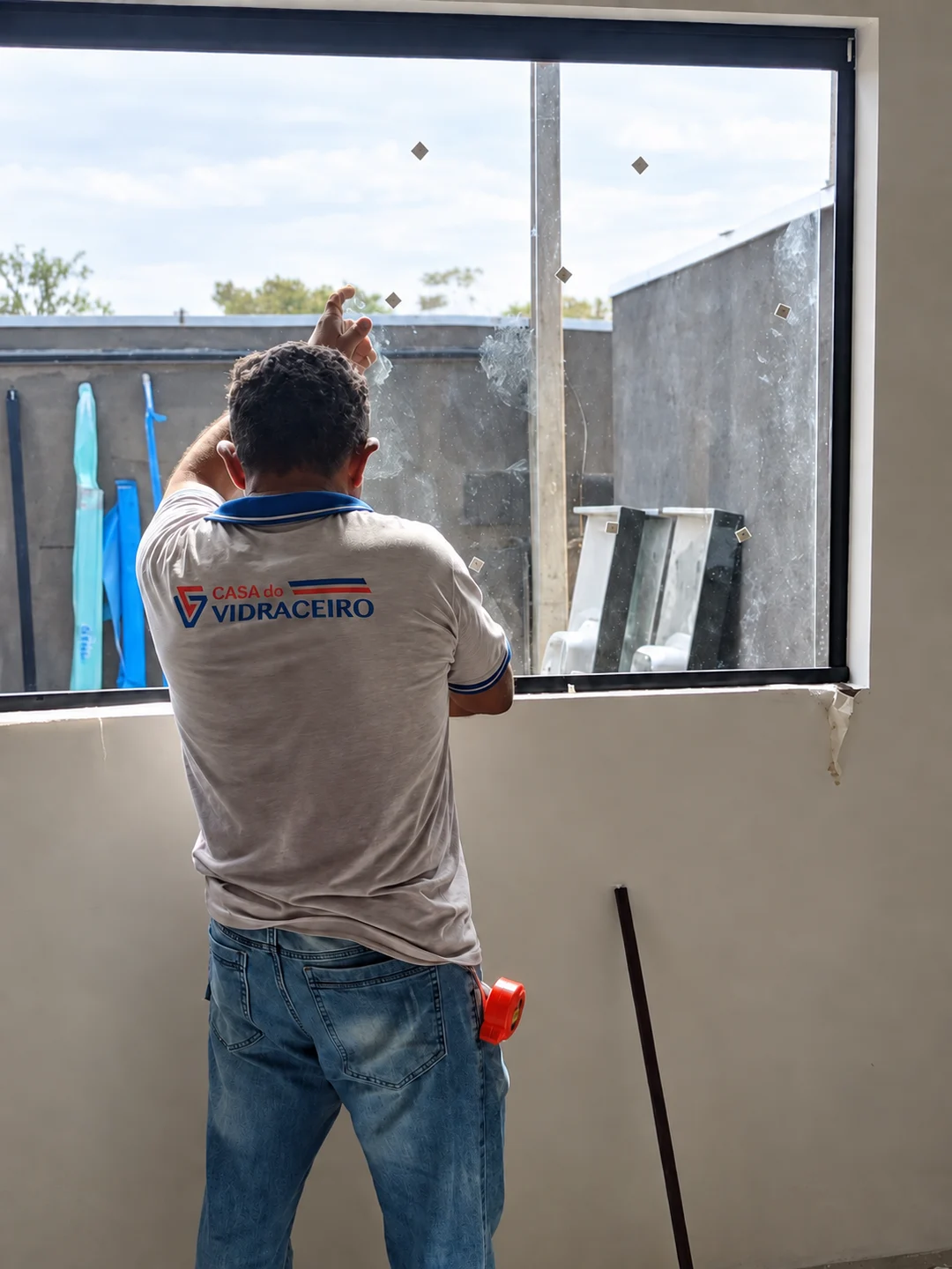 Profissional da Casa do Vidraceiro trabalhando em uma janela de vidro no local da obra